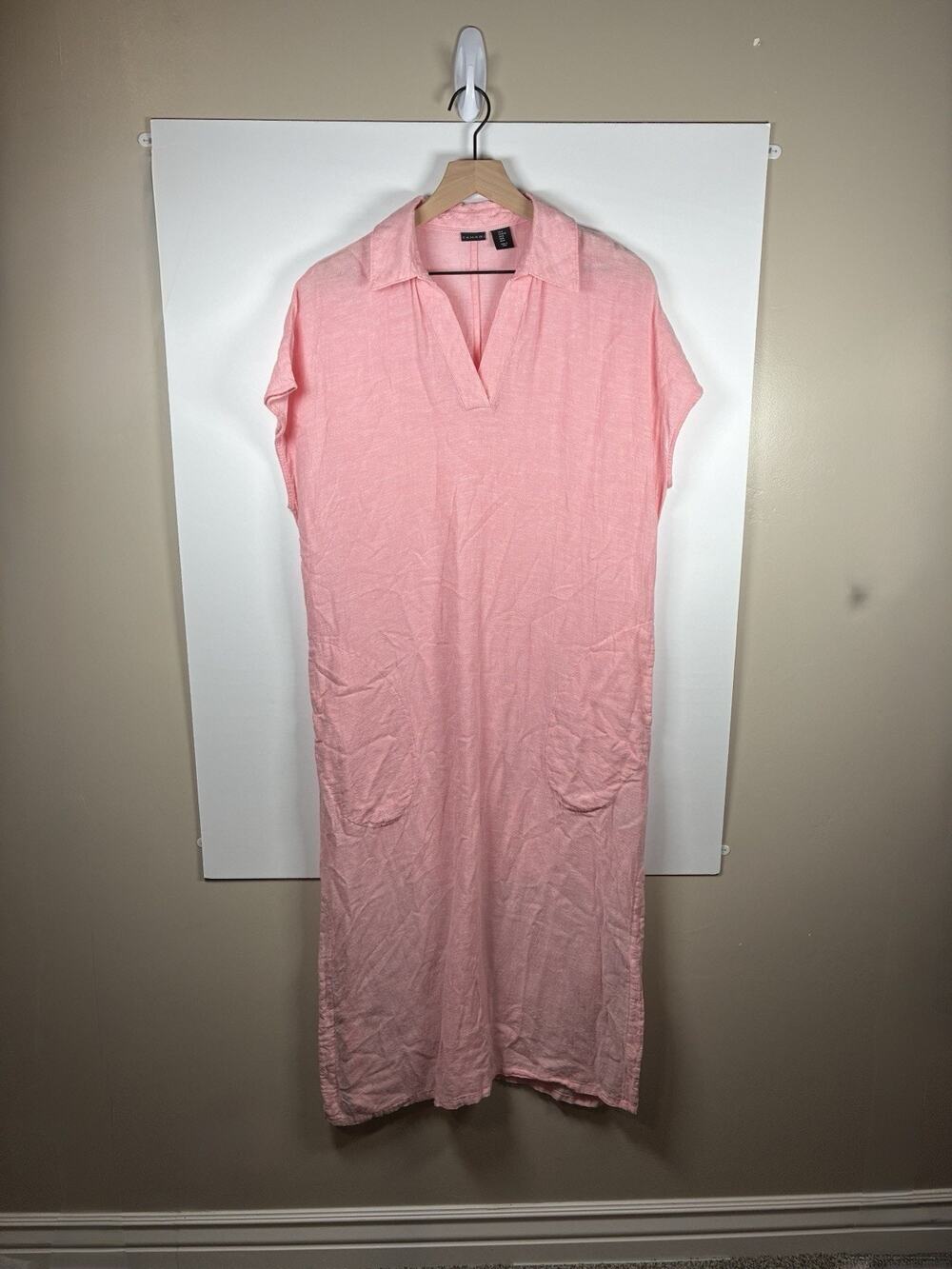 Tahari Womens M Pink Linen Blend Collared V-Neck Popover Midi Shirt Dress Pocket